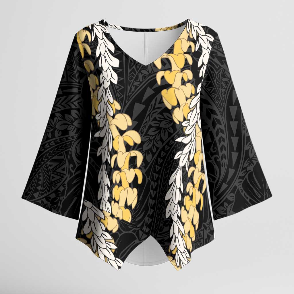 Puakenikeni and Maile Lei Kimono Sleeve Blouse Black Double Strand Lei - Polynesian Pride