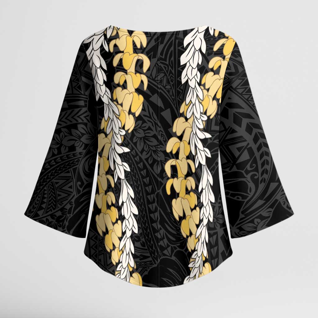 Puakenikeni and Maile Lei Kimono Sleeve Blouse Black Double Strand Lei - Polynesian Pride