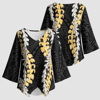 Puakenikeni and Maile Lei Kimono Sleeve Blouse Black Double Strand Lei - Polynesian Pride