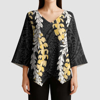Puakenikeni and Maile Lei Kimono Sleeve Blouse Black Double Strand Lei - Polynesian Pride