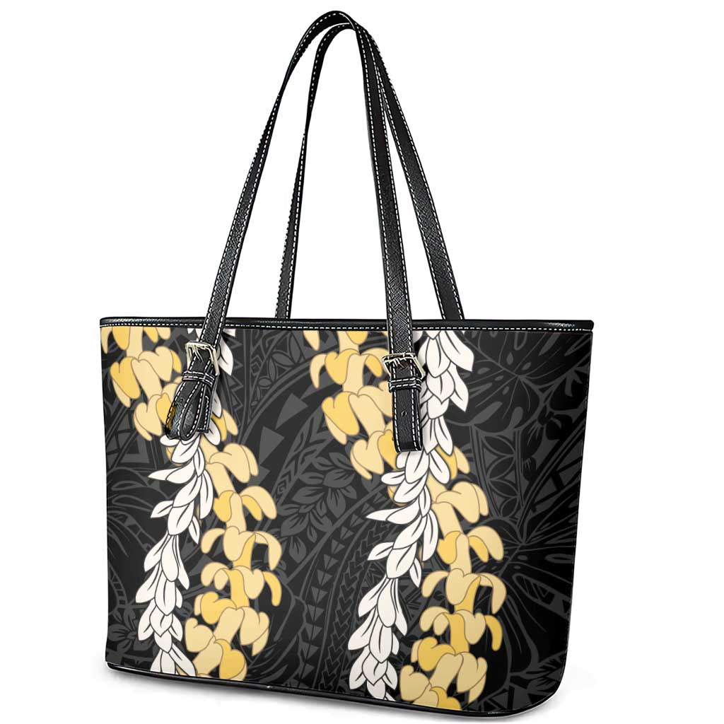 Puakenikeni and Maile Lei Leather Tote Bag Black Double Strand Lei