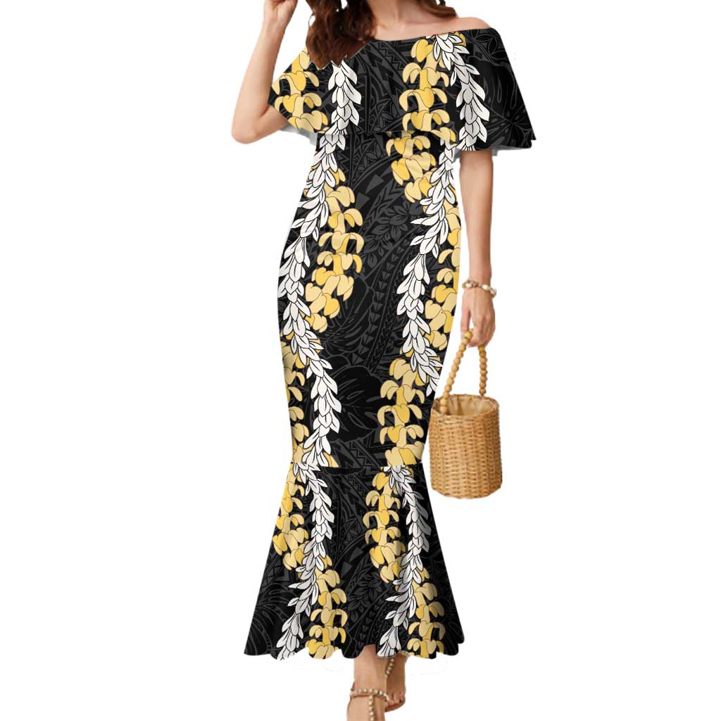 Puakenikeni and Maile Lei Mermaid Dress Black Double Strand Lei