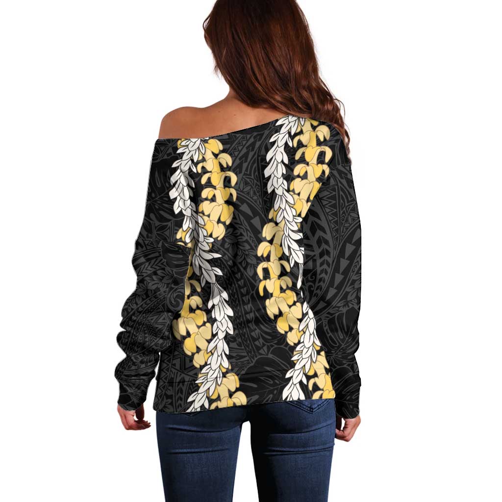 Puakenikeni and Maile Lei Off Shoulder Sweater Black Double Strand Lei