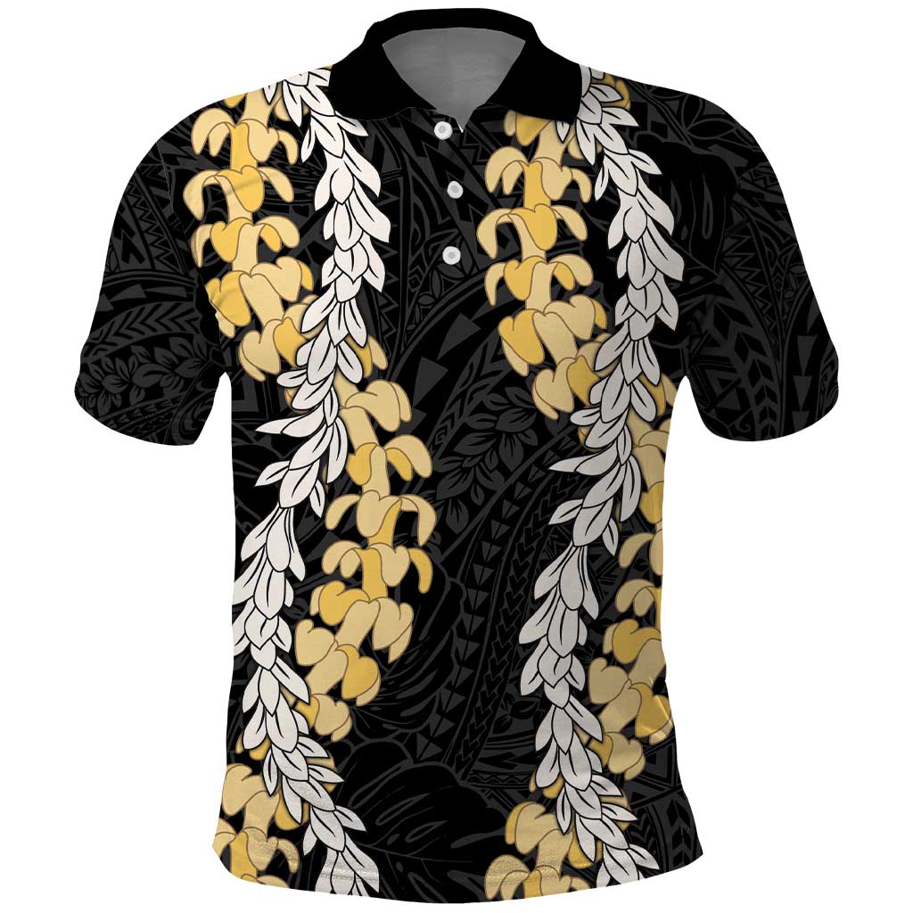 Puakenikeni and Maile Lei Polo Shirt Black Double Strand Lei