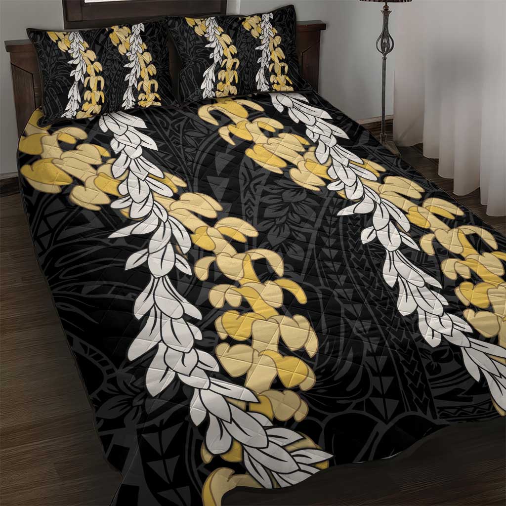 Puakenikeni and Maile Lei Quilt Bed Set Black Double Strand Lei