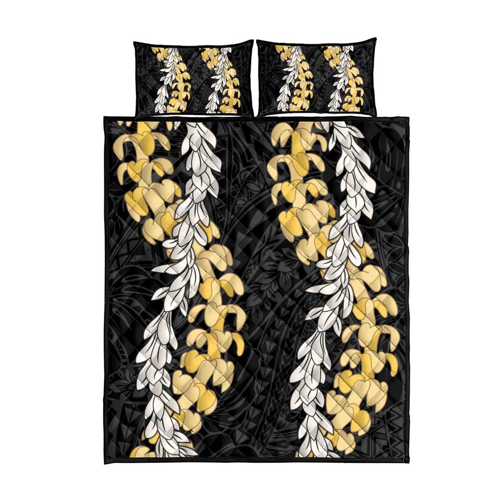 Puakenikeni and Maile Lei Quilt Bed Set Black Double Strand Lei