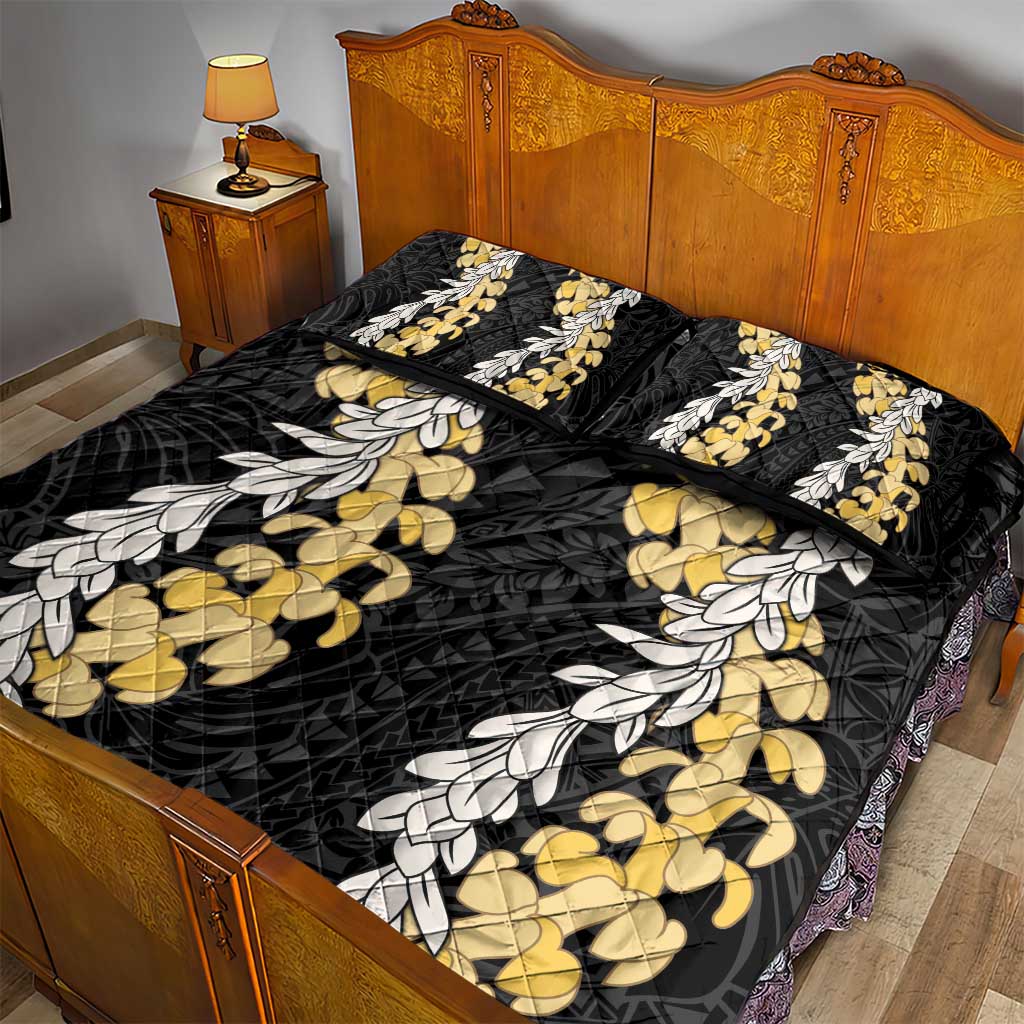 Puakenikeni and Maile Lei Quilt Bed Set Black Double Strand Lei