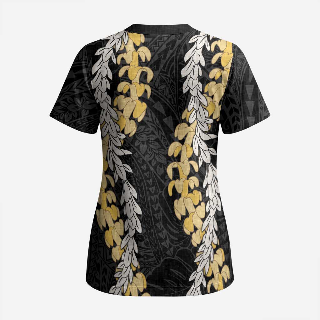 Puakenikeni and Maile Lei Scrub Top Black Double Strand Lei - Polynesian Pride