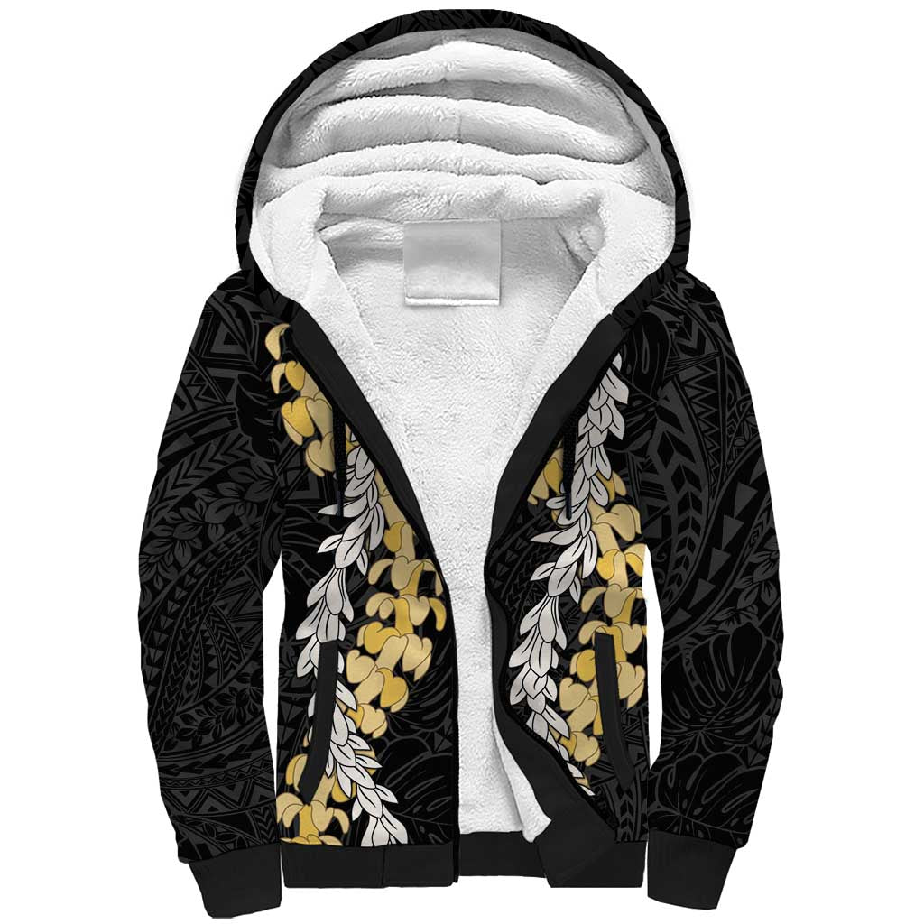 Puakenikeni and Maile Lei Sherpa Hoodie Black Double Strand Lei