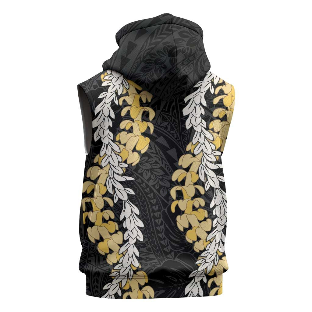 Puakenikeni and Maile Lei Sleeveless Hoodie Black Double Strand Lei - Polynesian Pride