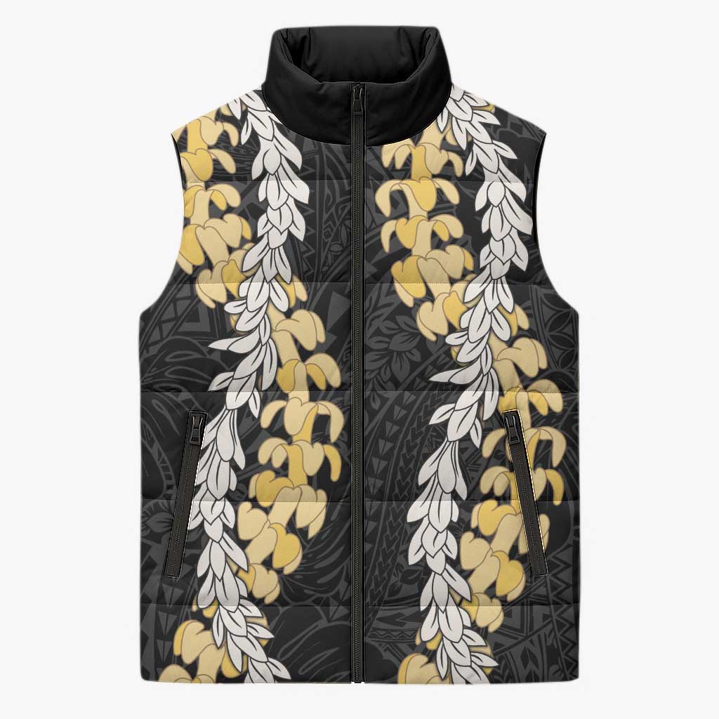 Puakenikeni and Maile Lei Sleeveless Puffer Jacket Black Double Strand Lei - Polynesian Pride