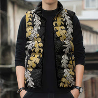 Puakenikeni and Maile Lei Sleeveless Puffer Jacket Black Double Strand Lei - Polynesian Pride