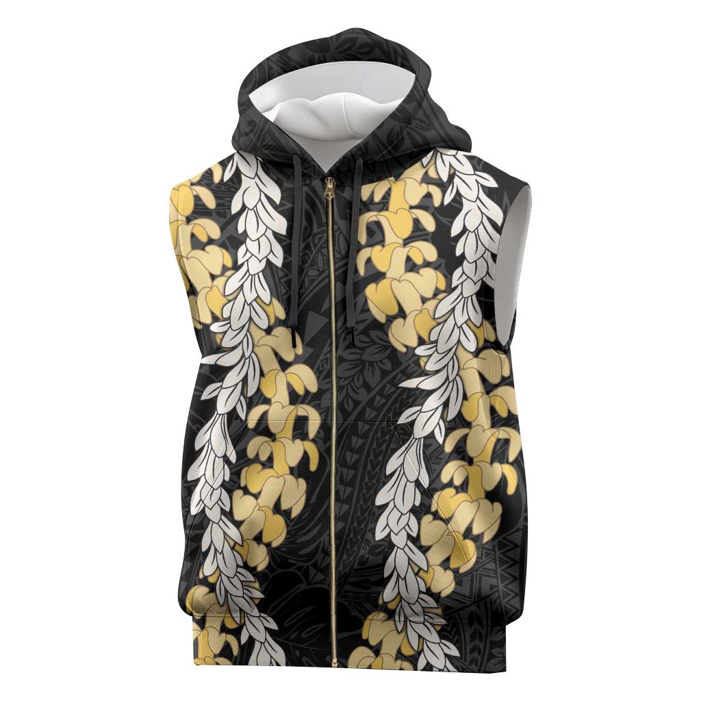 Puakenikeni and Maile Lei Sleeveless Zip Hoodie Black Double Strand Lei - Polynesian Pride