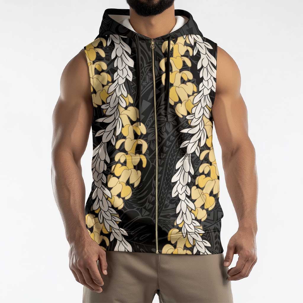 Puakenikeni and Maile Lei Sleeveless Zip Hoodie Black Double Strand Lei - Polynesian Pride