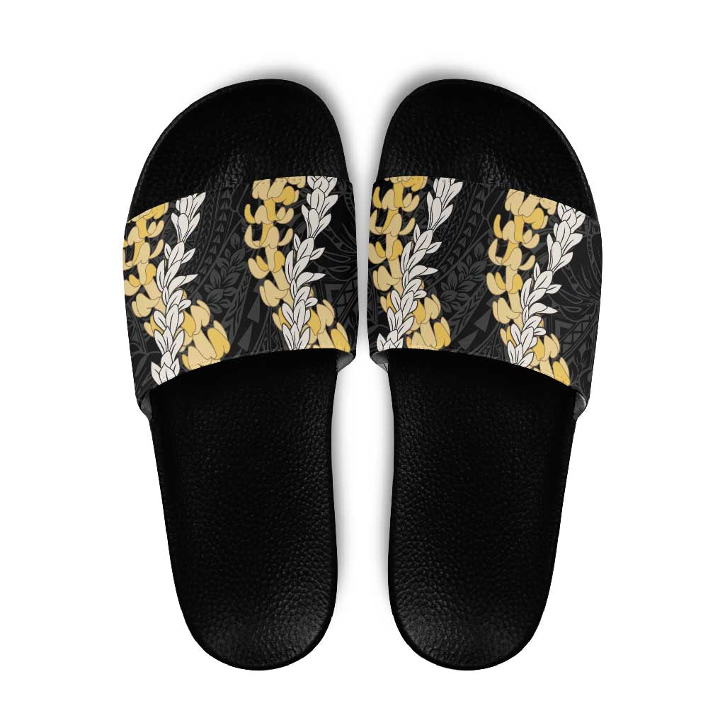 Puakenikeni and Maile Lei Slide Sandals Black Double Strand Lei - Polynesian Pride