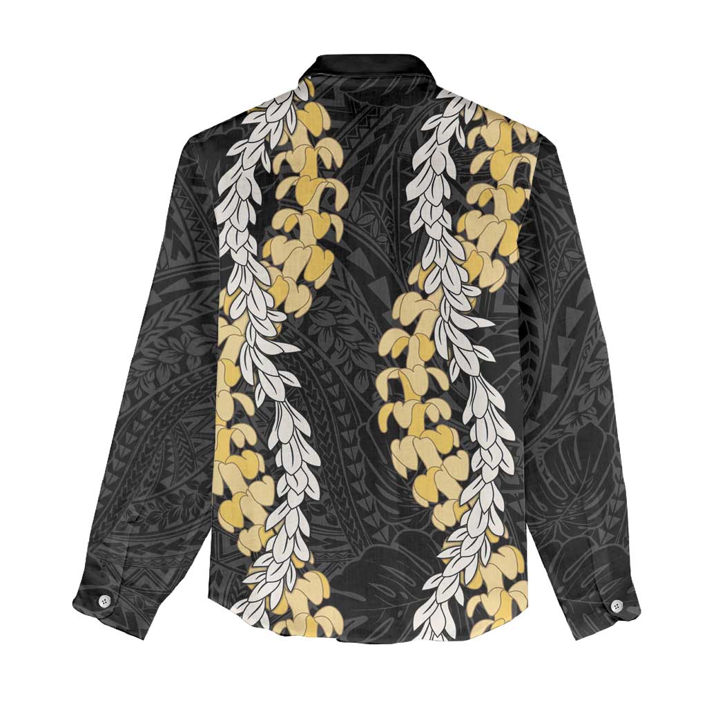 Puakenikeni and Maile Lei Women Casual Shirt Black Double Strand Lei