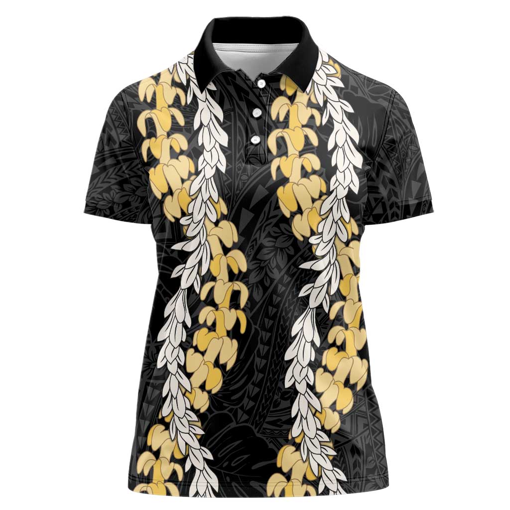 Puakenikeni and Maile Lei Women Polo Shirt Black Double Strand Lei