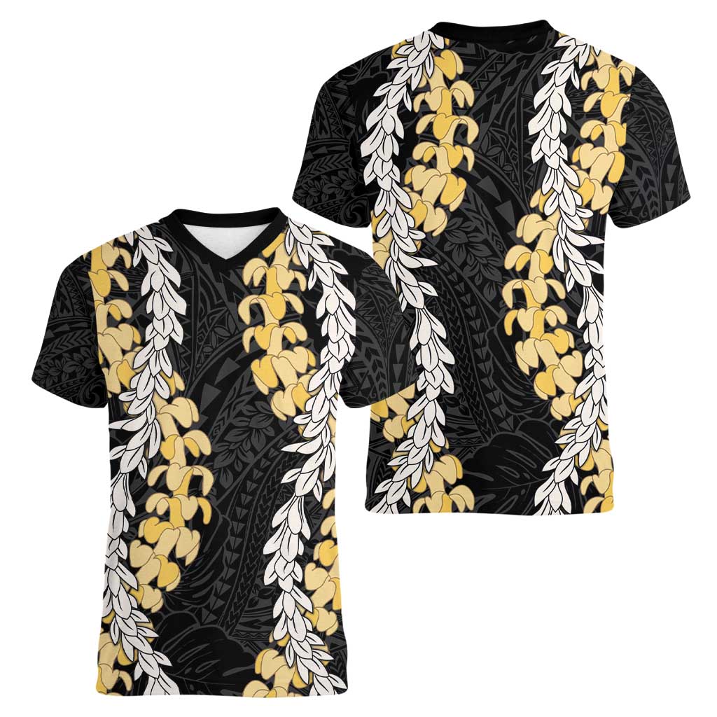 Puakenikeni and Maile Lei Women V-Neck T-Shirt Black Double Strand Lei LT9 - Polynesian Pride