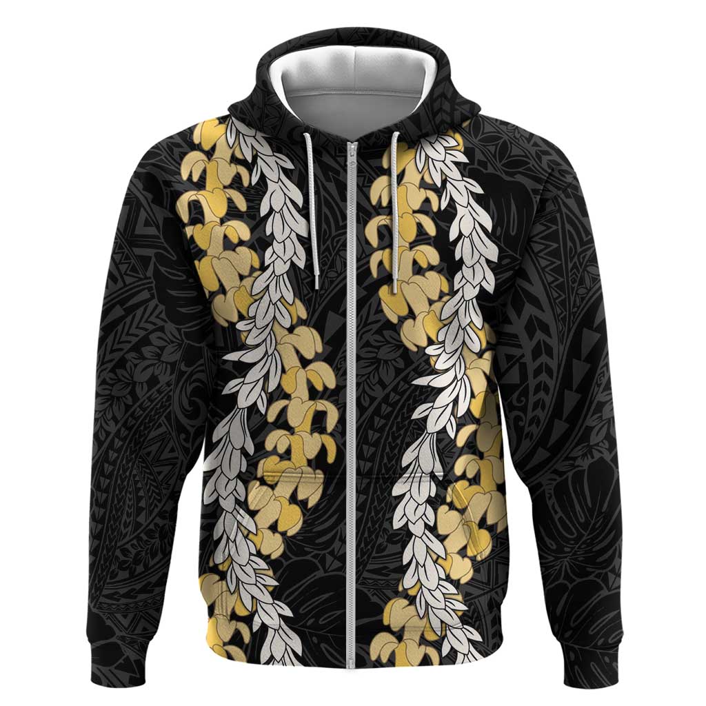 Puakenikeni and Maile Lei Zip Hoodie Black Double Strand Lei