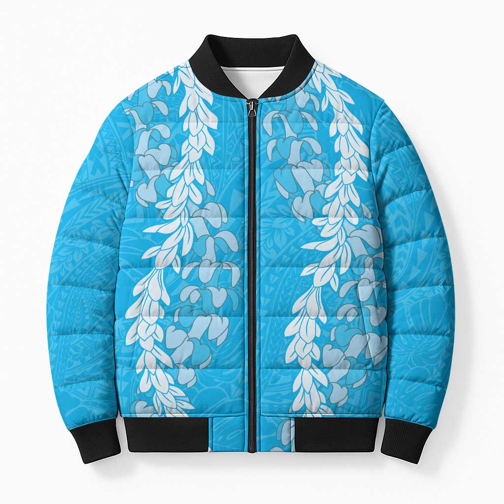 Puakenikeni and Maile Lei Bomber Puffer Jacket Blue Double Strand Lei - Polynesian Pride