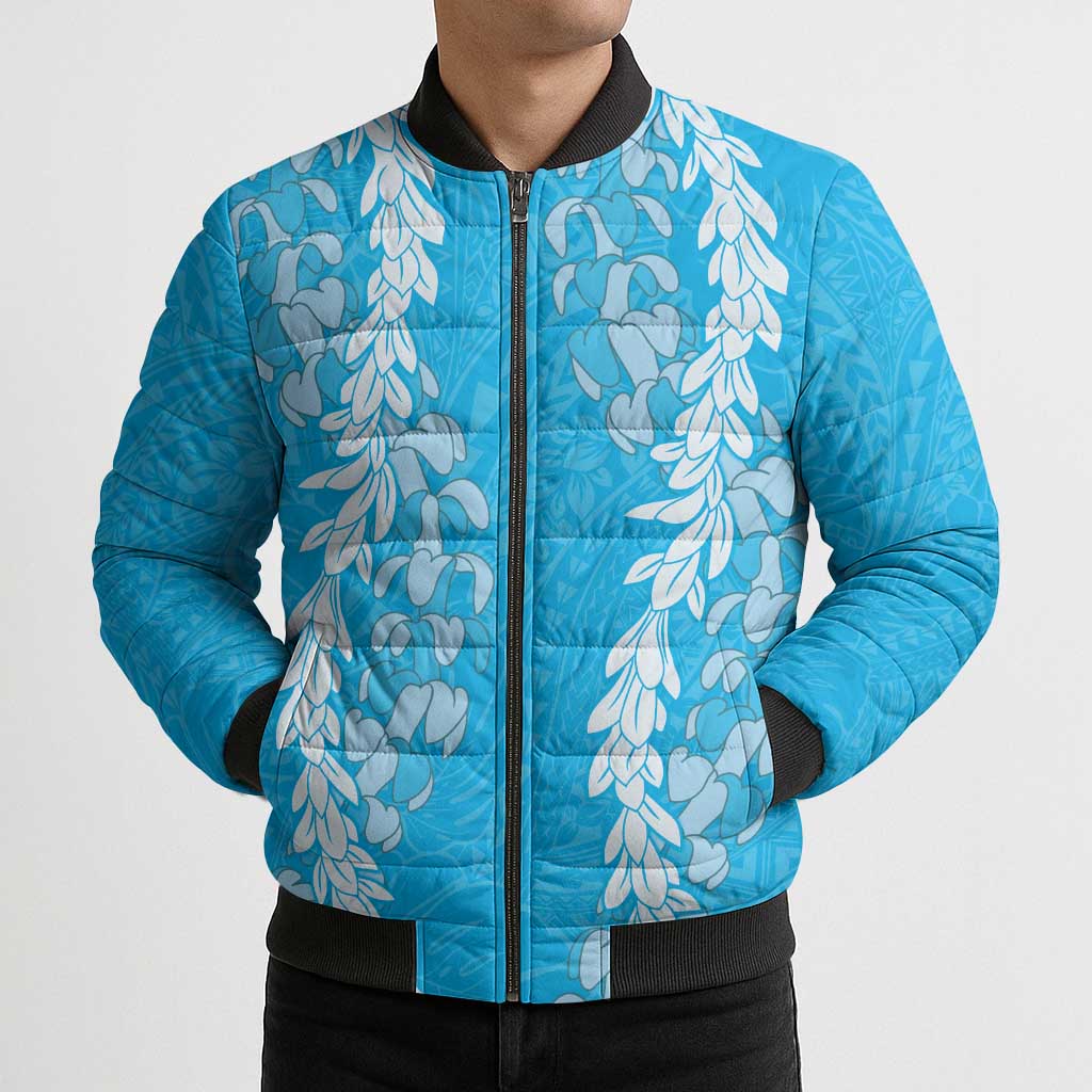 Puakenikeni and Maile Lei Bomber Puffer Jacket Blue Double Strand Lei - Polynesian Pride