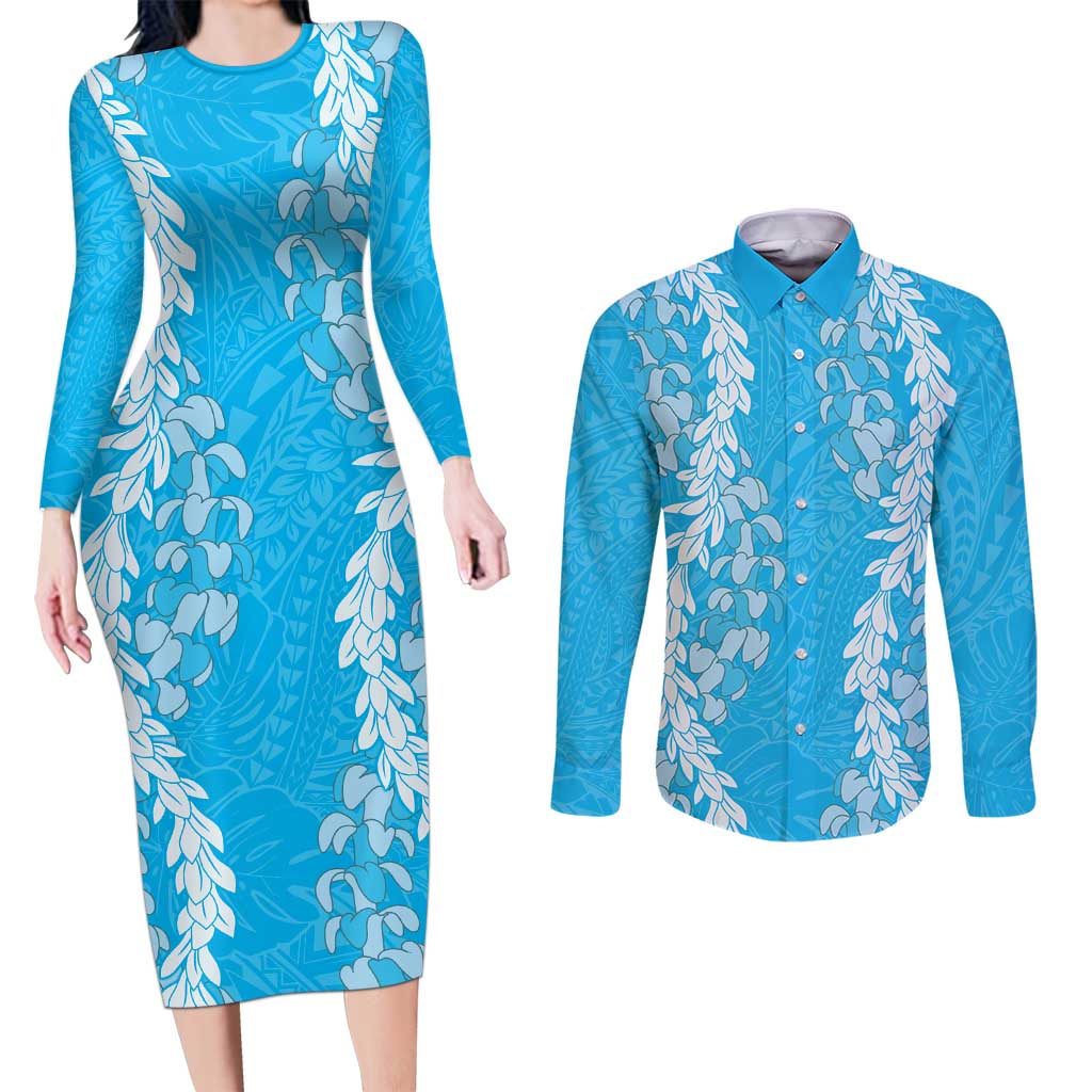 Puakenikeni and Maile Lei Couples Matching Long Sleeve Bodycon Dress and Long Sleeve Button Shirt Blue Double Strand Lei