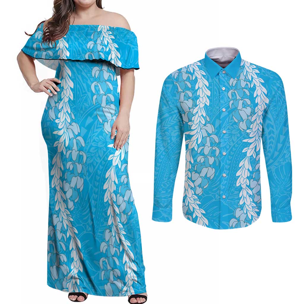 Puakenikeni and Maile Lei Couples Matching Off Shoulder Maxi Dress and Long Sleeve Button Shirt Blue Double Strand Lei LT9 Blue - Polynesian Pride