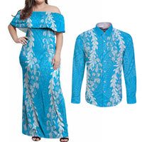 Puakenikeni and Maile Lei Couples Matching Off Shoulder Maxi Dress and Long Sleeve Button Shirt Blue Double Strand Lei LT9 Blue - Polynesian Pride