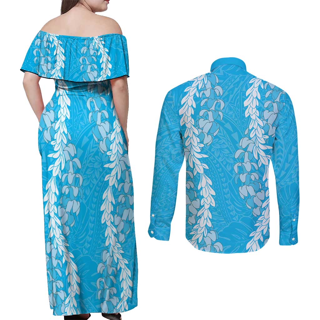 Puakenikeni and Maile Lei Couples Matching Off Shoulder Maxi Dress and Long Sleeve Button Shirt Blue Double Strand Lei LT9 - Polynesian Pride