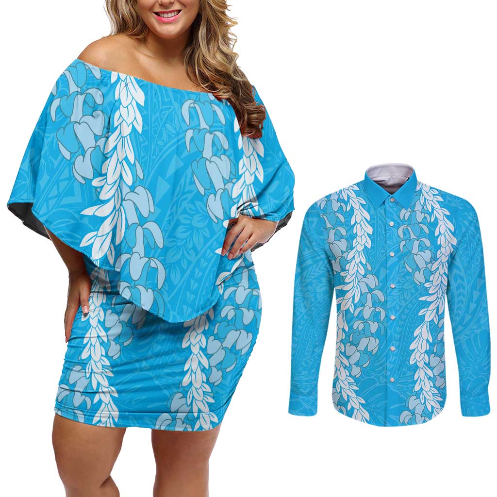 Puakenikeni and Maile Lei Couples Matching Off Shoulder Short Dress and Long Sleeve Button Shirt Blue Double Strand Lei LT9 Blue - Polynesian Pride
