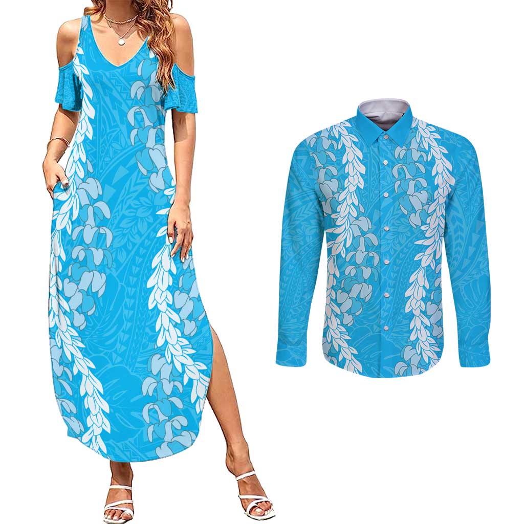 Puakenikeni and Maile Lei Couples Matching Summer Maxi Dress and Long Sleeve Button Shirt Blue Double Strand Lei LT9 Blue - Polynesian Pride