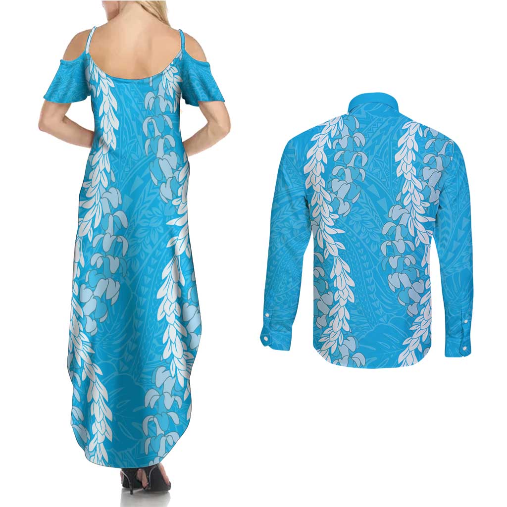 Puakenikeni and Maile Lei Couples Matching Summer Maxi Dress and Long Sleeve Button Shirt Blue Double Strand Lei LT9 - Polynesian Pride
