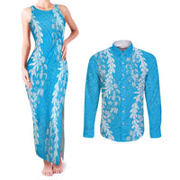 Puakenikeni and Maile Lei Couples Matching Tank Maxi Dress and Long Sleeve Button Shirt Blue Double Strand Lei LT9 Blue - Polynesian Pride