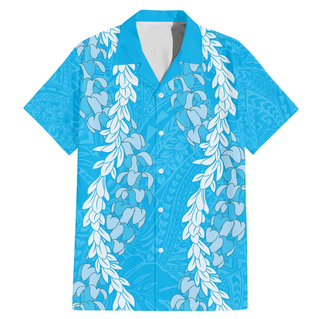 Puakenikeni and Maile Lei Family Matching Mermaid Dress and Hawaiian Shirt Blue Double Strand Lei