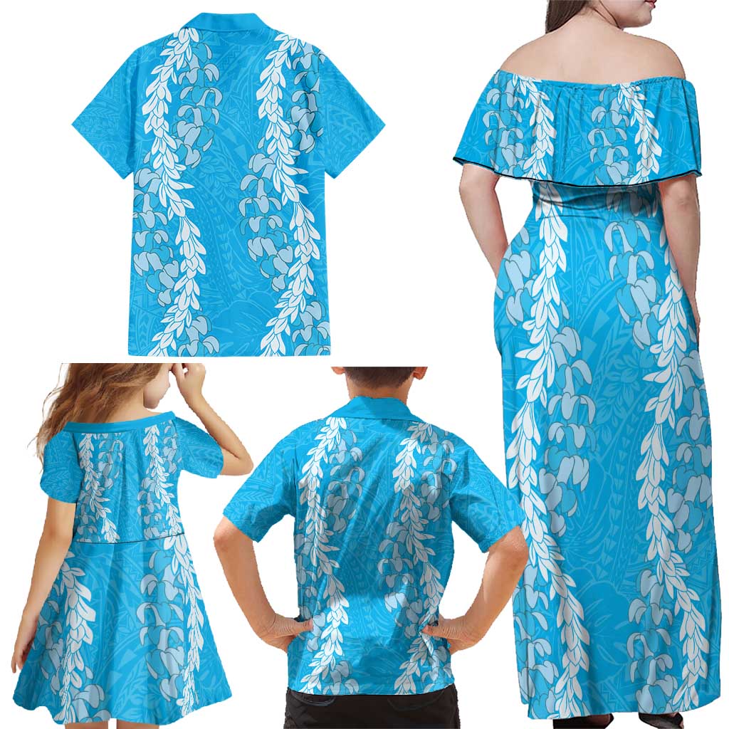 Puakenikeni and Maile Lei Family Matching Off Shoulder Maxi Dress and Hawaiian Shirt Blue Double Strand Lei