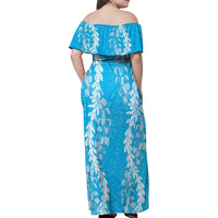Puakenikeni and Maile Lei Family Matching Off Shoulder Maxi Dress and Hawaiian Shirt Blue Double Strand Lei