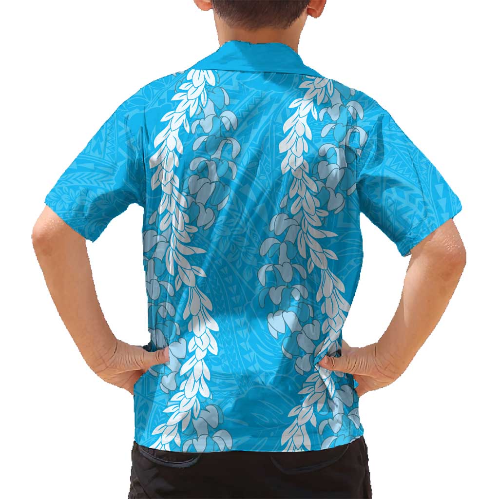 Puakenikeni and Maile Lei Family Matching Off Shoulder Short Dress and Hawaiian Shirt Blue Double Strand Lei