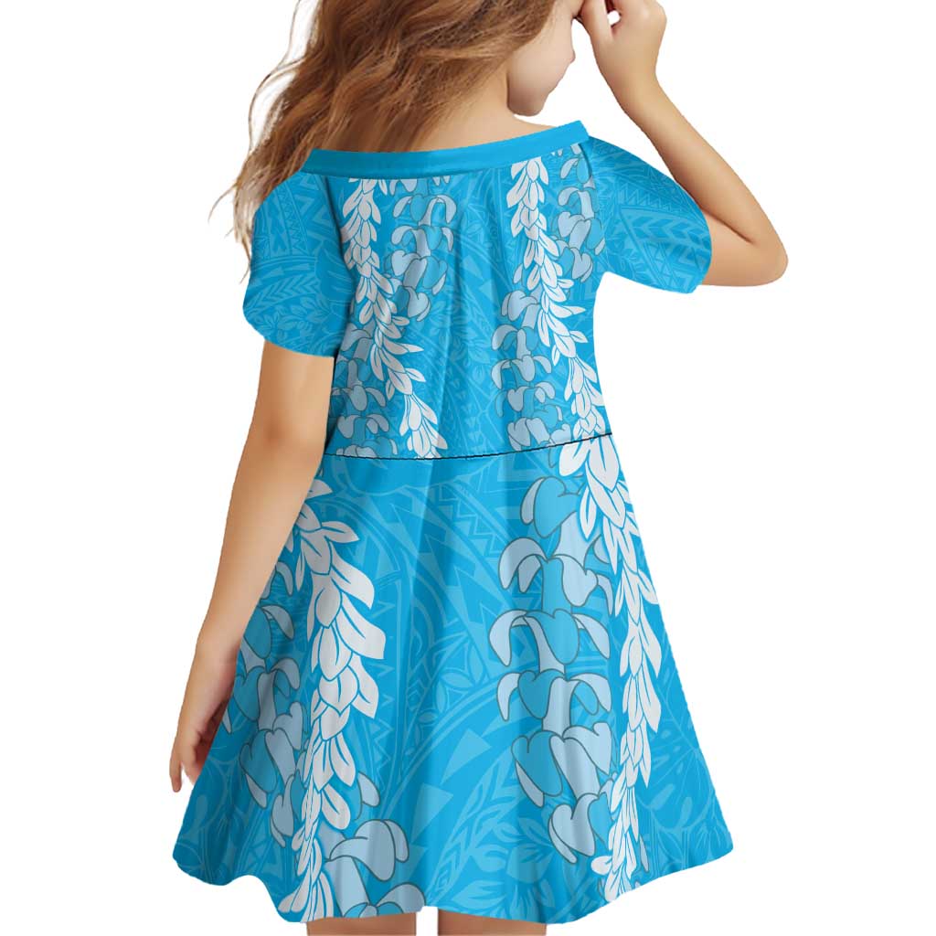 Puakenikeni and Maile Lei Family Matching Off Shoulder Short Dress and Hawaiian Shirt Blue Double Strand Lei