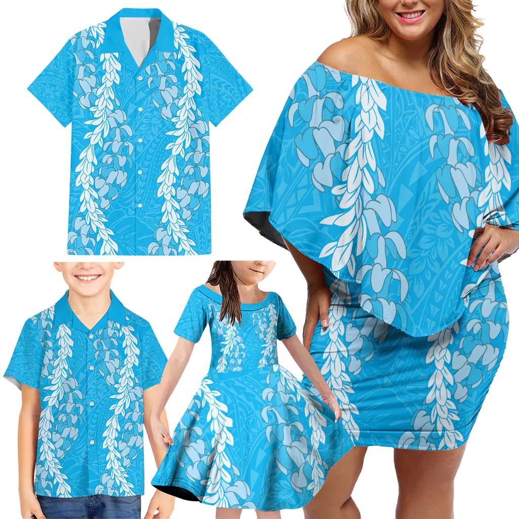 Puakenikeni and Maile Lei Family Matching Off Shoulder Short Dress and Hawaiian Shirt Blue Double Strand Lei