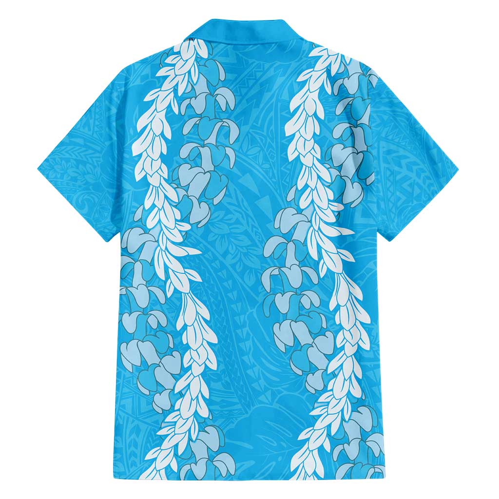 Puakenikeni and Maile Lei Family Matching Off Shoulder Short Dress and Hawaiian Shirt Blue Double Strand Lei