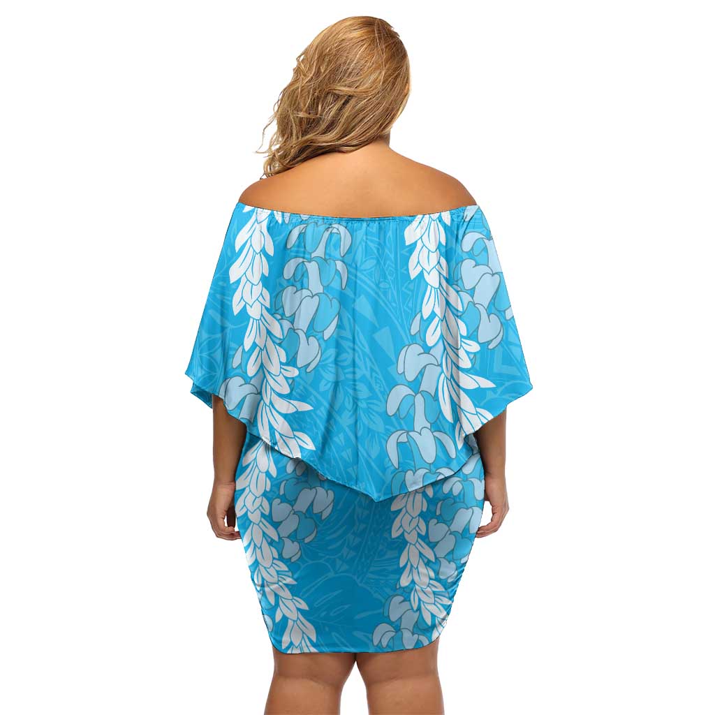 Puakenikeni and Maile Lei Family Matching Off Shoulder Short Dress and Hawaiian Shirt Blue Double Strand Lei