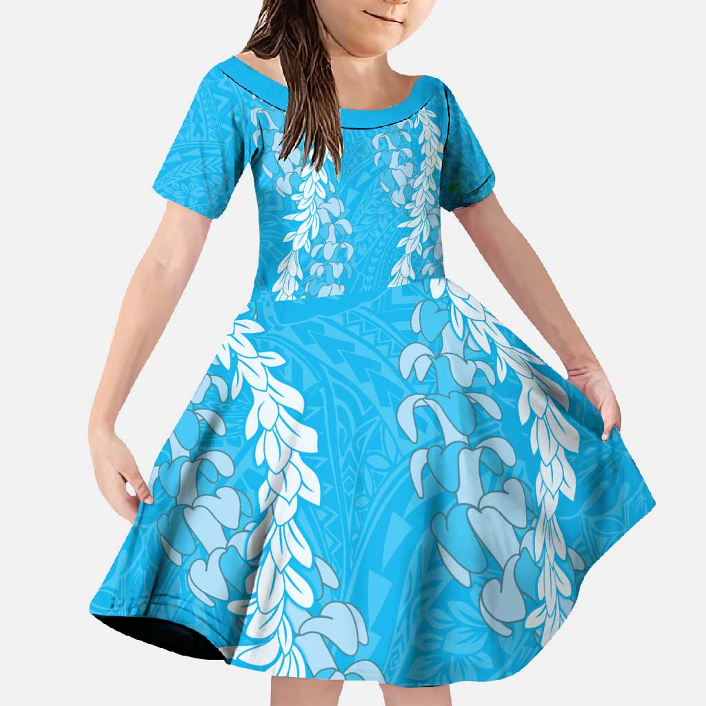Puakenikeni and Maile Lei Family Matching Short Sleeve Bodycon Dress and Hawaiian Shirt Blue Double Strand Lei