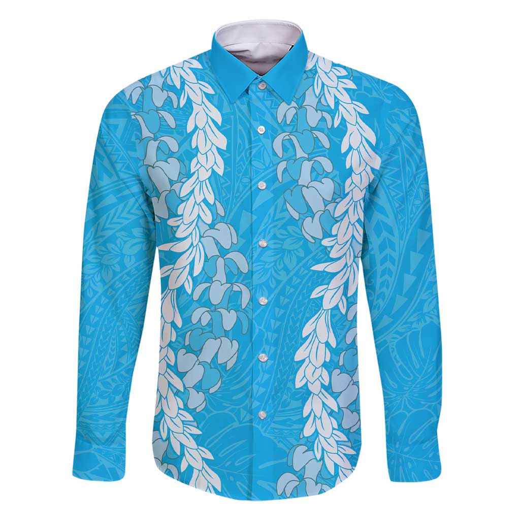 Puakenikeni and Maile Lei Family Matching Short Sleeve Bodycon Dress and Hawaiian Shirt Blue Double Strand Lei