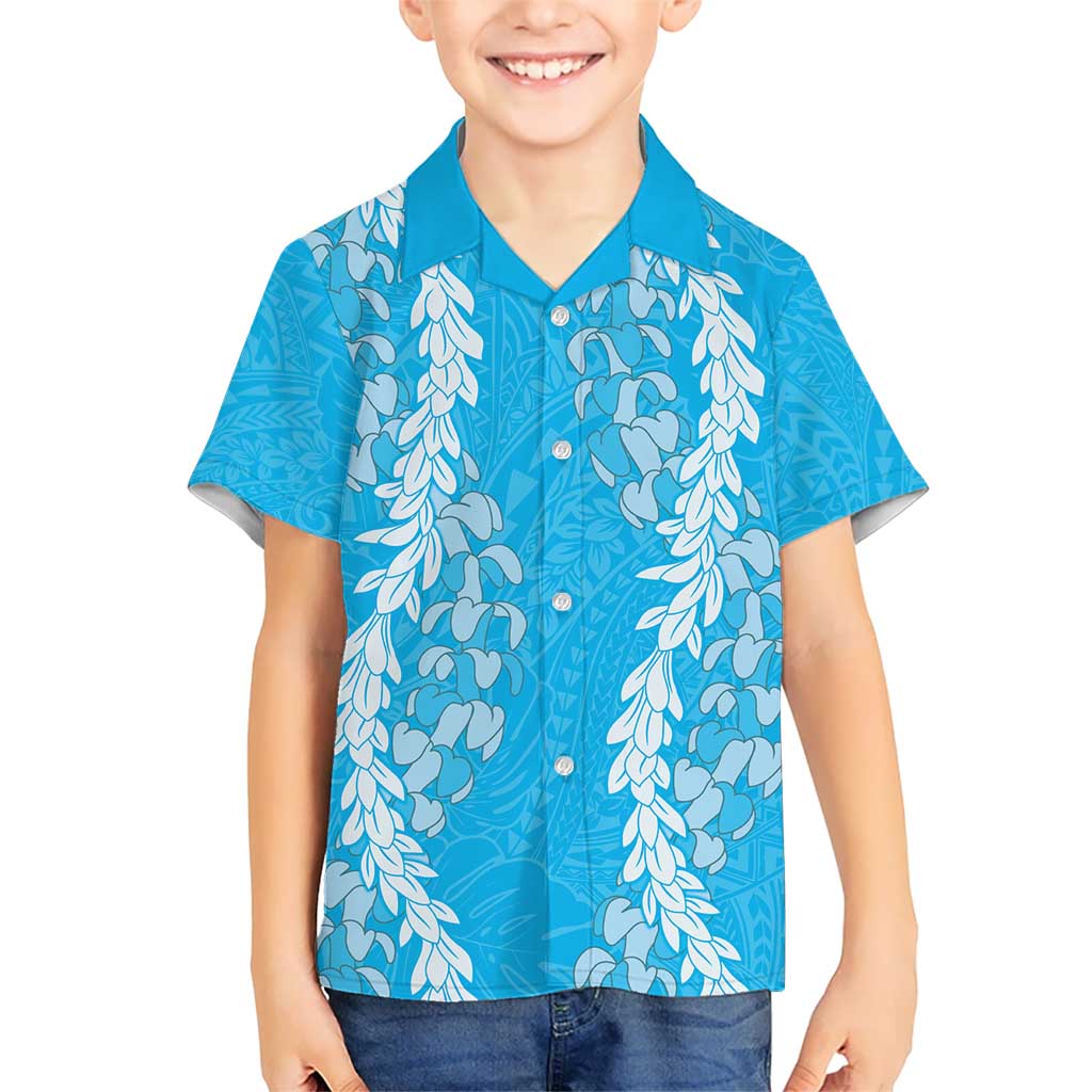 Puakenikeni and Maile Lei Kid Hawaiian Shirt Blue Double Strand Lei