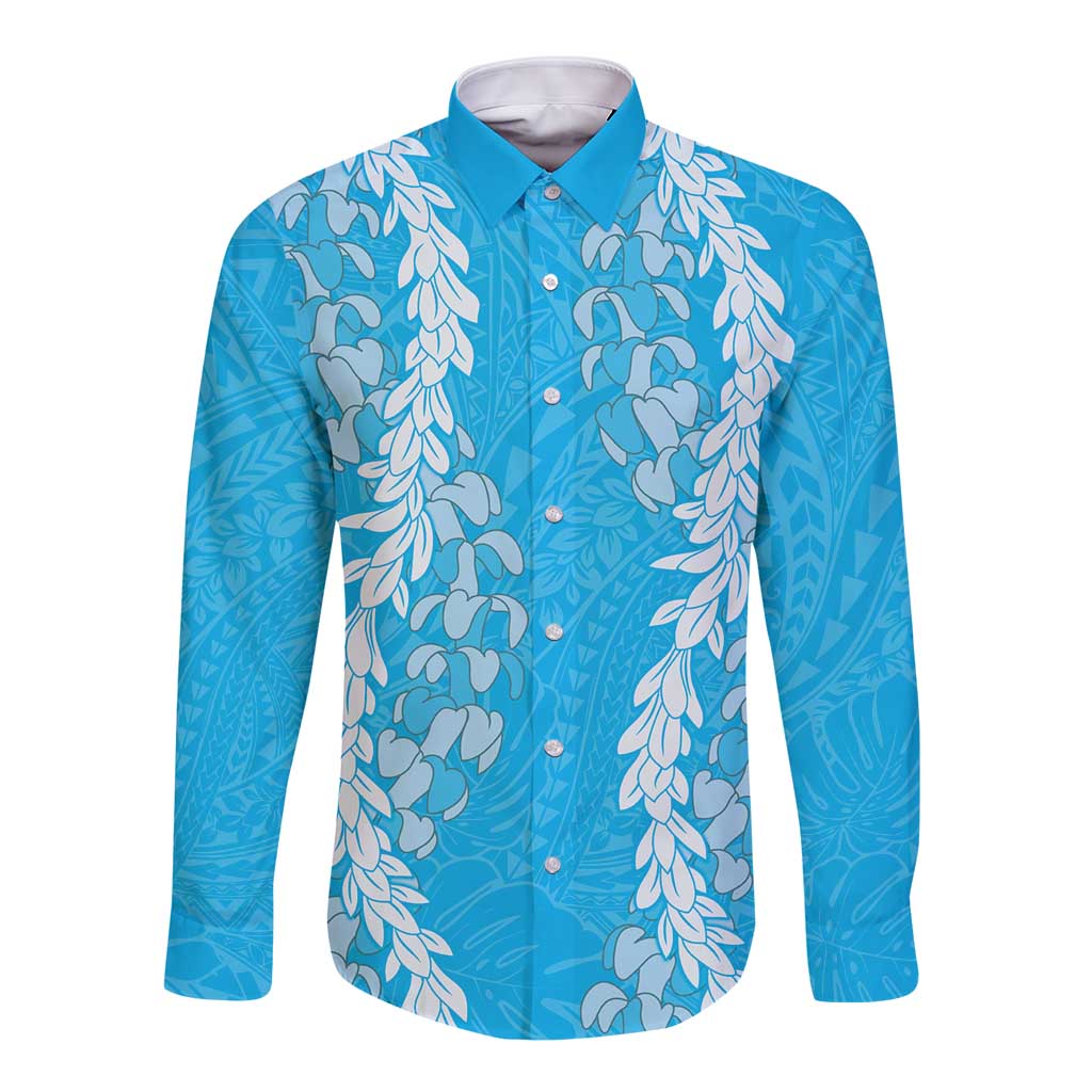 Puakenikeni and Maile Lei Long Sleeve Button Shirt Blue Double Strand Lei