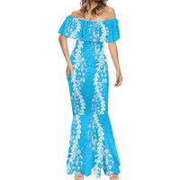 Puakenikeni and Maile Lei Mermaid Dress Blue Double Strand Lei
