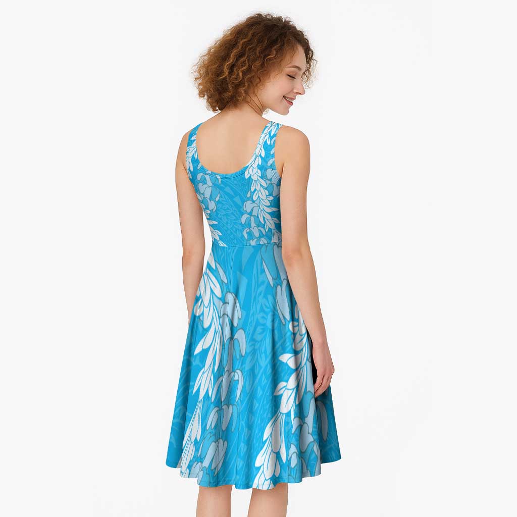 Puakenikeni and Maile Lei Midi Dress Blue Double Strand Lei - Polynesian Pride