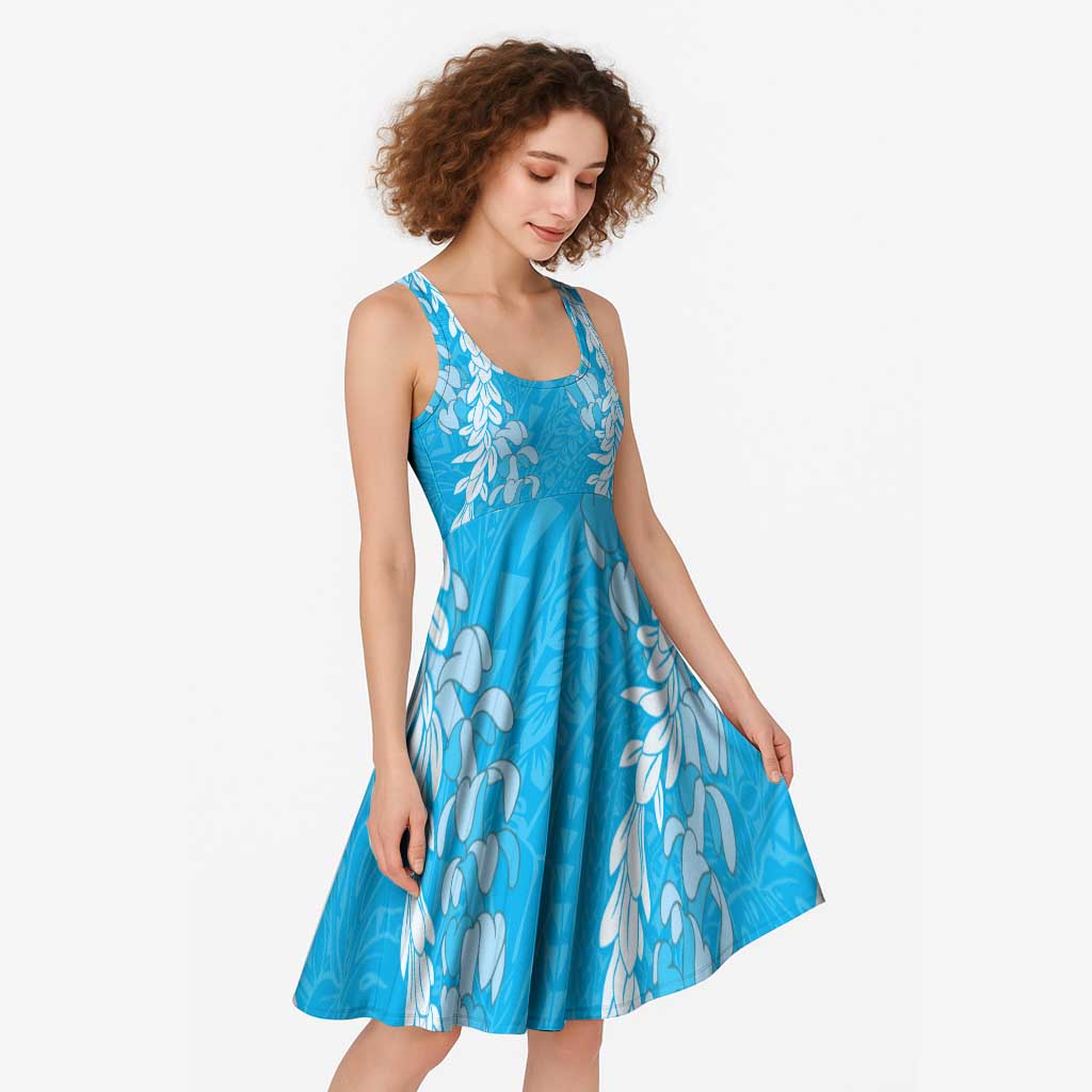 Puakenikeni and Maile Lei Midi Dress Blue Double Strand Lei - Polynesian Pride