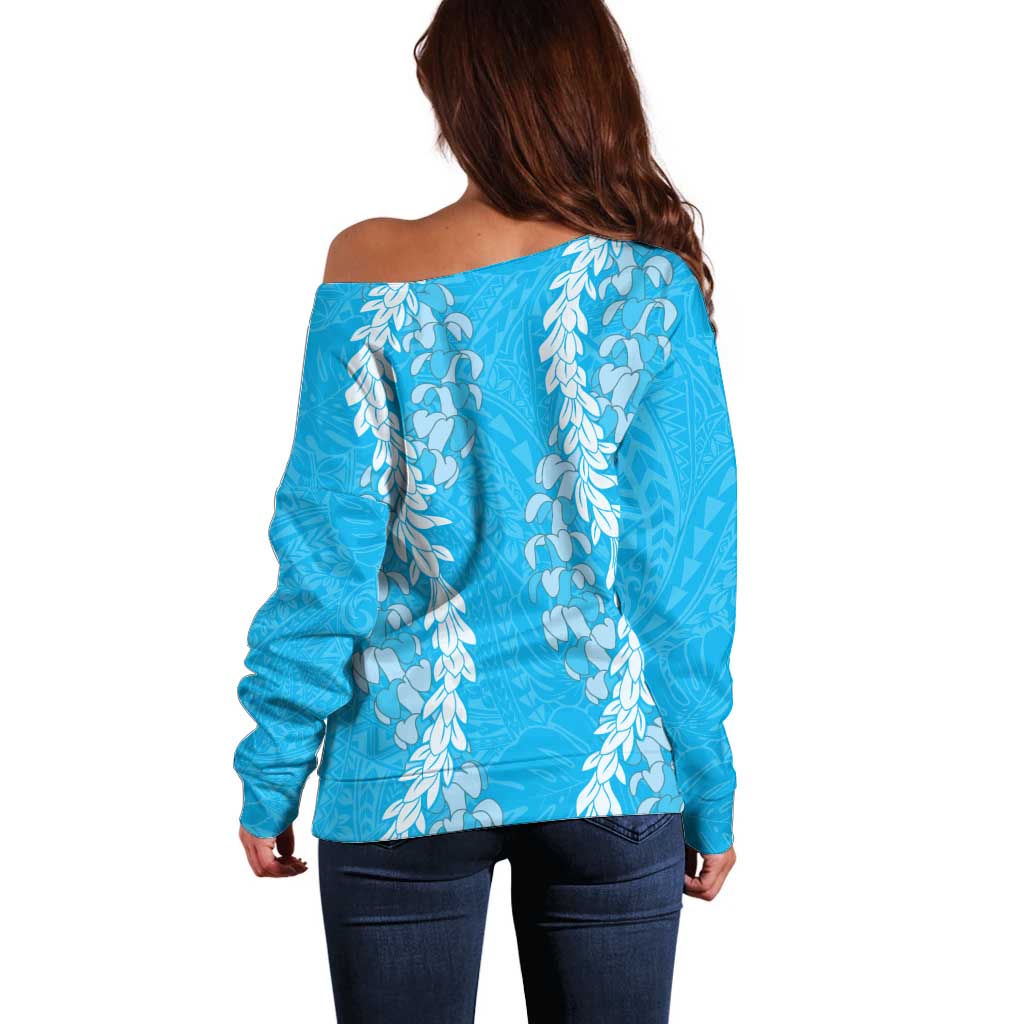 Puakenikeni and Maile Lei Off Shoulder Sweater Blue Double Strand Lei