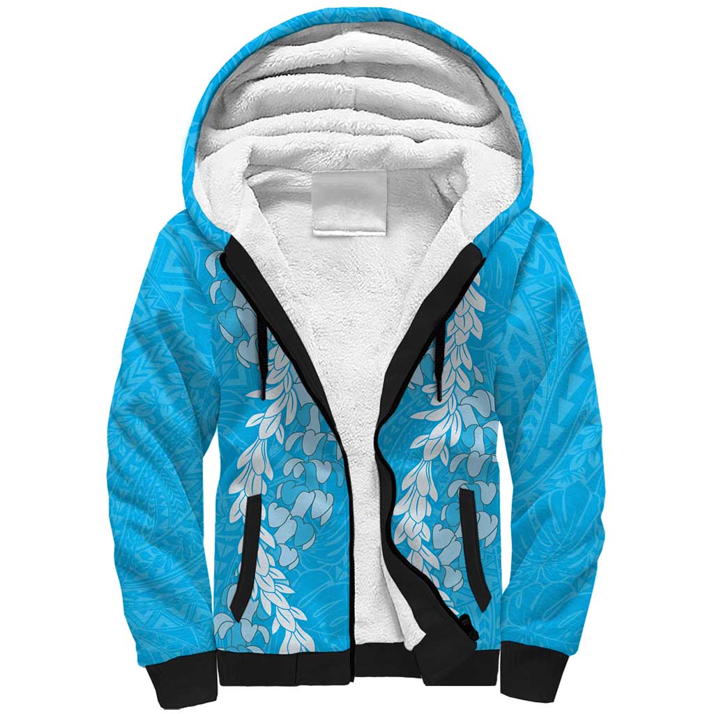 Puakenikeni and Maile Lei Sherpa Hoodie Blue Double Strand Lei